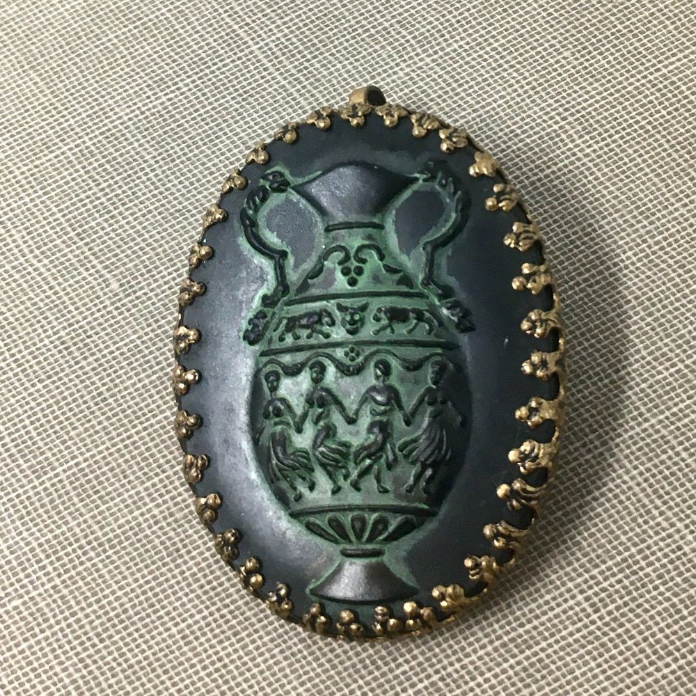 Vintage Black Relief Grecian Urn Dancing Girls Oval Brass Ornate Pin Pendant
